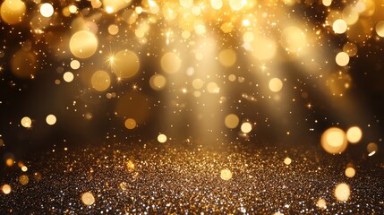 Glittering gold background with dreamy bokeh lights, a festive backdrop for holiday celebrations and elegant designs