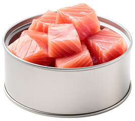 A can of pink salmon chunks, ready to eat.