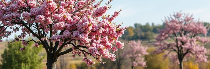 A majestic apple tree standing tall in a serene spring landscape with vibrant pink and white blossom covering its branches, nature scenery, outdoor scene, spring bloom