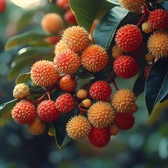 Fototapeta premium Rambutan fruit tree with ripe and green leaves in sunlight.