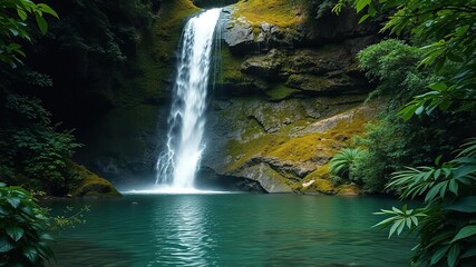 Dense foliage surrounds a tranquil pool of water at the base of a majestic waterfall cascading down a moss-covered rocky face, jungle, greenery, natural