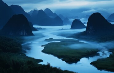 Naklejka premium Serene Mountain Landscape with Flowing River and Misty Horizon