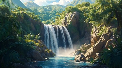 Lush Tropical Waterfall Cascading into a Tranquil Pool