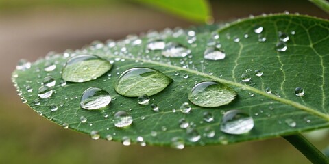 heart-shaped water droplets on a green leaf, water droplets, botanicals, close-up photography, green foliage
