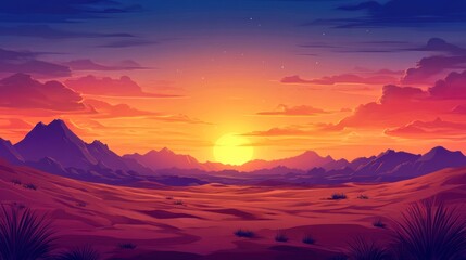 Fototapeta premium Beautiful desert sunset with glowing sky colors, peaceful and warm across the sandy landscape.
