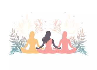 Illustration of a yoga group, in pastel colors, on a white background, in a flat design style, with simple shapes