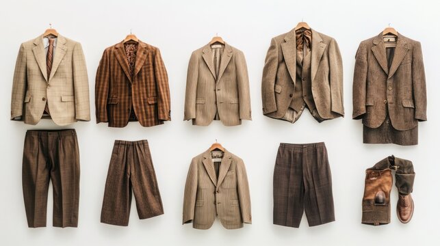 Beige and brown men's suits in a classic collage, stylishly arranged on a white backdrop.