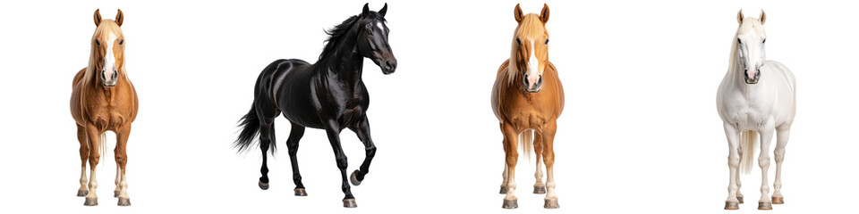Obraz premium Four beautiful horses in various colors, isolated on a white background.