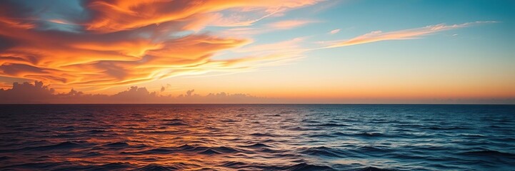 Fototapeta premium Vibrant orange hues with gentle wisps of cloud, softly fading into the serene blue ocean at dusk, atmospheric, gradient, calmness