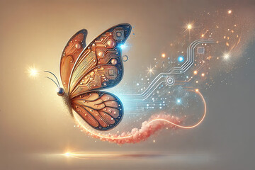 Whimsical futuristic butterfly flying to left with glowing motif vortex