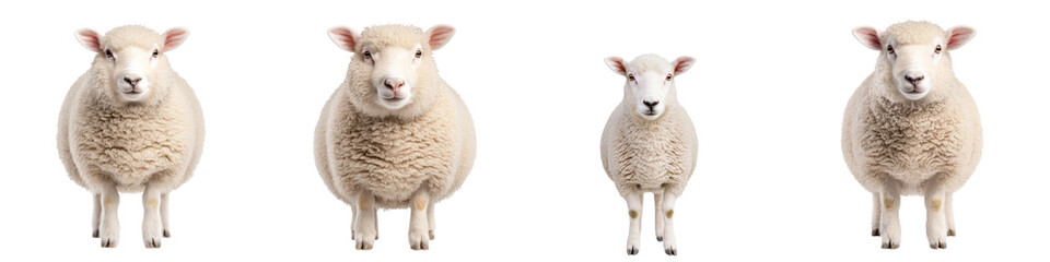 Naklejka premium Four sheep of varying sizes, white isolated background.