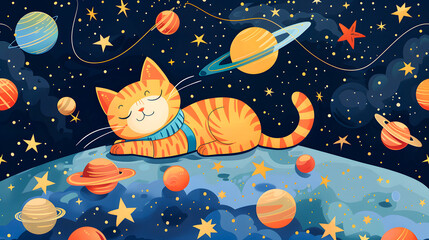 Cute cartoon cat astronaut with stars and planets in the background