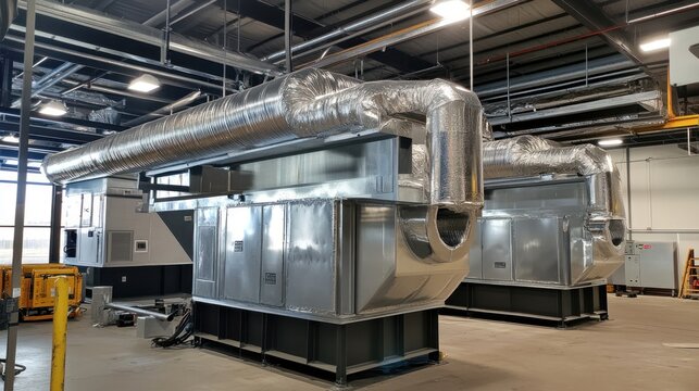 Commercial air distribution with advanced ductwork installation, ensuring high-efficiency temperature control for industrial spaces.