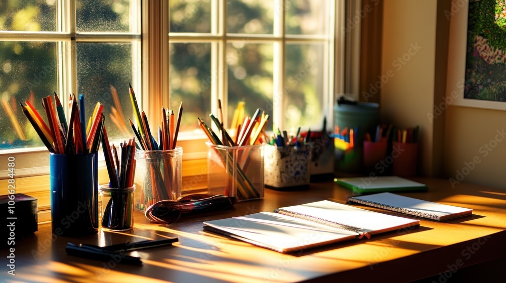 Poster colorful pencils in jars on a desk with open notebooks, sunlight streaming in through the window.