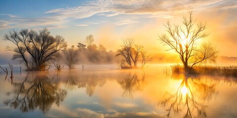 Fototapeta premium Silhouettes of Trees Reflecting in the Misty Golden Waters of a Still Lake at Dawn