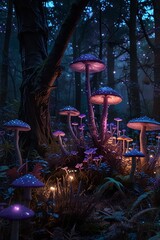 Naklejka premium A poster image featuring a fantasy forest ambiance with a cluster of mushrooms, emphasizing the natural setting with autumn biome elements like trees, grass, and a pop of fantasy purple color.