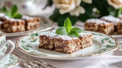 Delicious chocolate cake with powdered sugar and mint garnish on a white plate with other pieces of cake in the background.