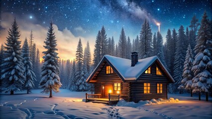 Naklejka premium A solitary wooden cabin with warm windows glows amidst a snow-covered forest under a starlit sky.