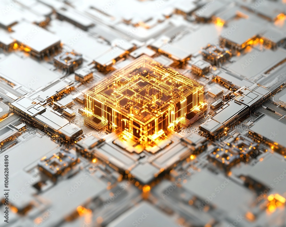 Poster a glowing golden processor chip sits in the center of a complex circuit board.