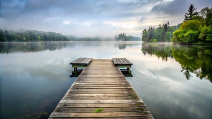 A wooden dock stretches into a serene, mist-shrouded lake, framed by the reflection of verdant trees and a tranquil sky.