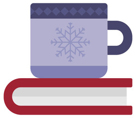 Flat icon of book with a mug of drink isolated on white background.