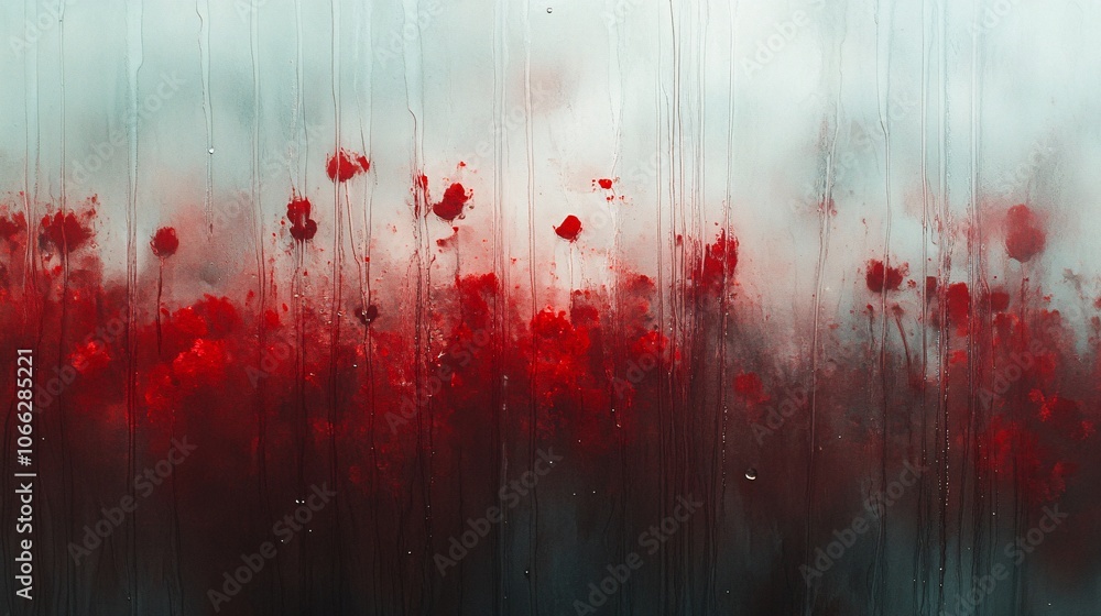 Poster soft red droplets merging and trickling down a frosted glass window