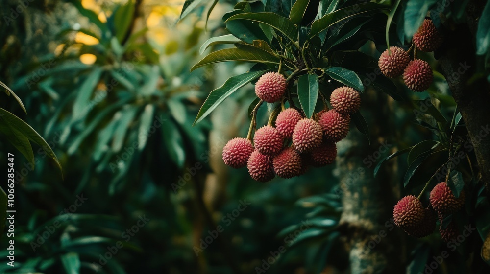 Poster close-up of ripe lychees hanging on a branch of a lychee tree.