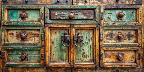 A weathered wooden cabinet with multiple drawers and a double door, showcasing a rustic charm and the passage of time
