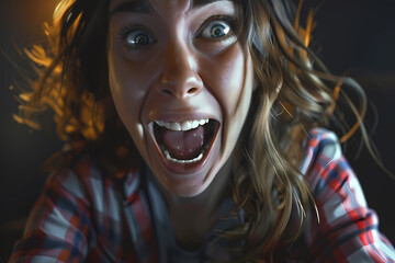 A young Caucasian woman expresses intense excitement with a wide open mouth and wild hair, set against a dark background.