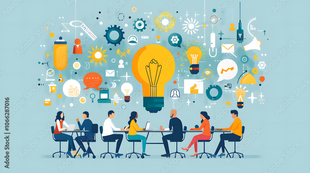Poster creative business team brainstorming and ideating for innovative projects
