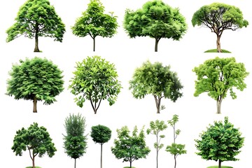 Different green trees and plants on white background