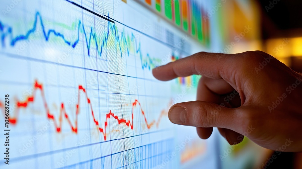Poster a hand points to a red line graph on a screen.
