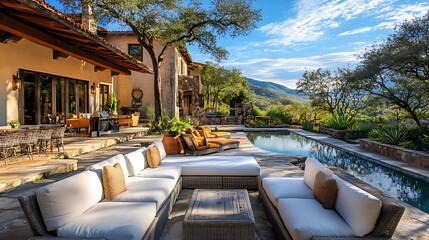 Obraz premium Luxurious Patio with Sectional Sofa, Pool, and Mountain View
