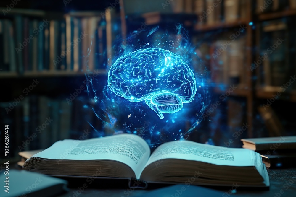 Poster a glowing blue brain hologram rises from an open book with a bookshelf in the background, representi