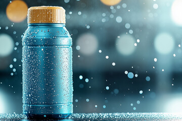 A water bottle covered in droplets rests on a workout bench, showcasing refreshment after an intense gym workout