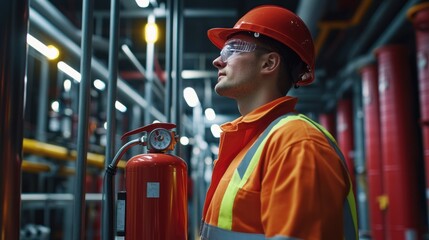 Fire extinguisher inspection by a safety engineer ensuring proper functionality and readiness for emergencies.