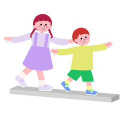 コンクリートの立方体で子供がバランスを取りながら慎重に歩いて遊んでいるイラスト