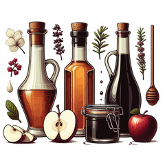 Vinegar (White, Balsamic, Apple cider) set vector illustration