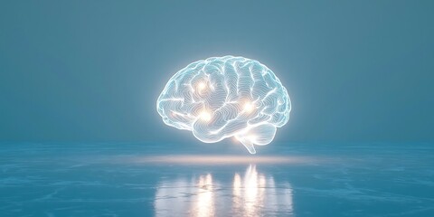 A glowing, digital representation of a human brain, symbolizing intelligence, innovation, and technology against a blue background.