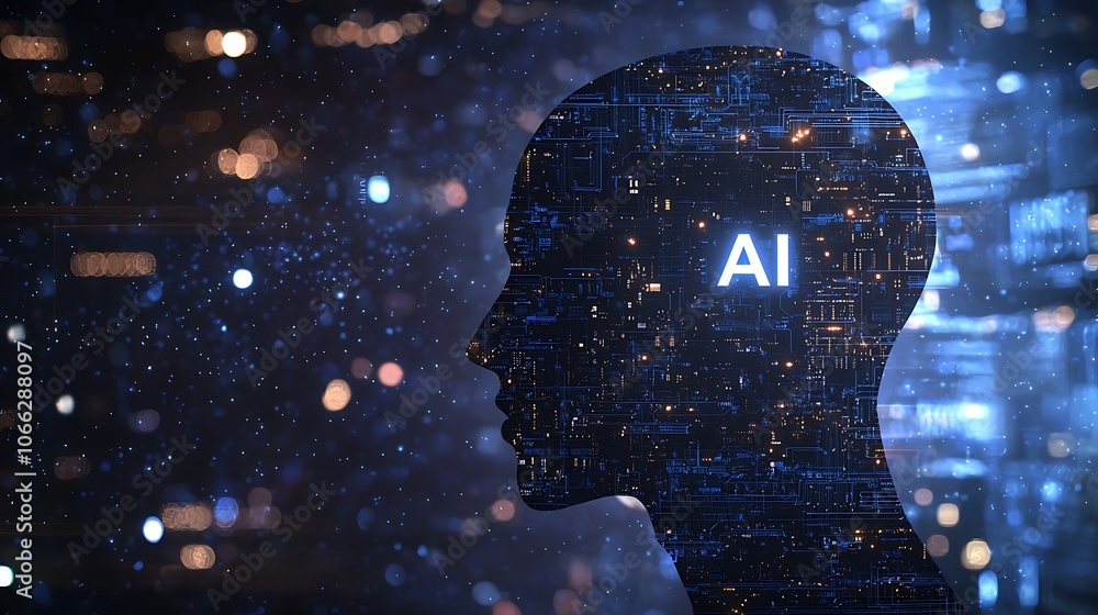 Poster a digital silhouette represents artificial intelligence, with data streams illuminating the backgrou