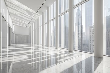 Obraz premium A bright, modern interior with large windows, reflecting minimalist design and spaciousness, overlooking an urban skyline.