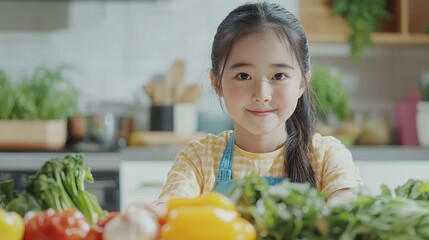 In a sunny kitchen, a girl highlights organic food surrounded by fresh vegetables and ingredients