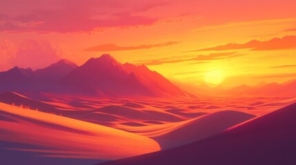 Fototapeta premium Glowing sunset light over vast desert dunes, creating dramatic shadows and a peaceful, quiet ambiance.