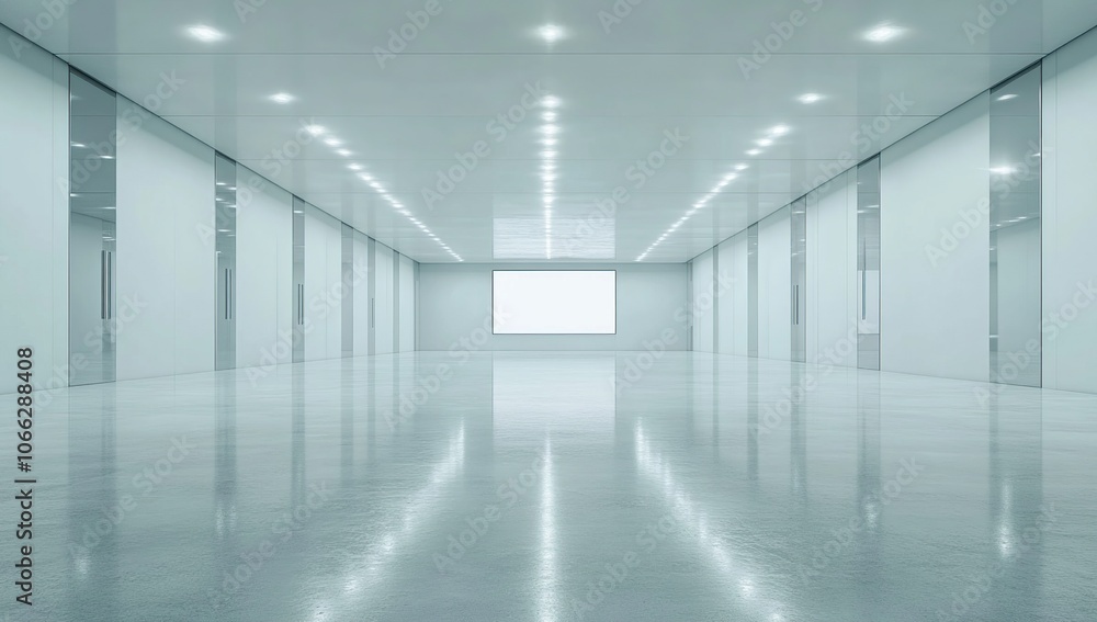 Poster empty white hallway with a large blank canvas at the end.