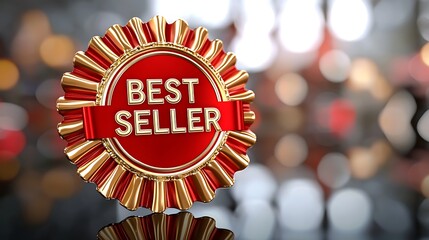 A vibrant red "Best Seller" badge with gold accents, symbolizing popularity and consumer approval, set against a blurred background.