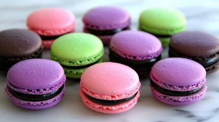 Obraz premium Colorful Macarons Arranged on a Marble Surface