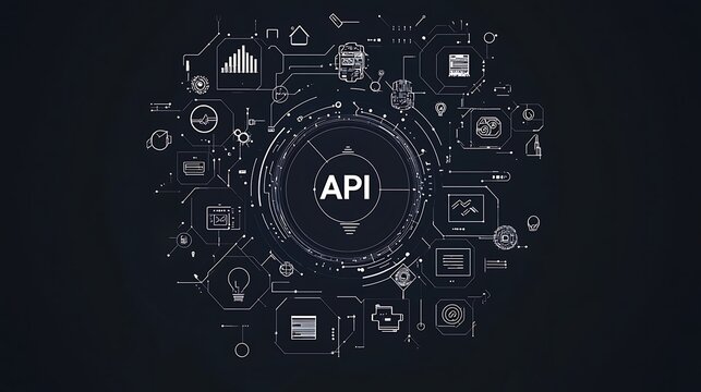 A circular graphic showcasing various technology and data symbols with "API" at the center, representing integration and connectivity in digital environments.