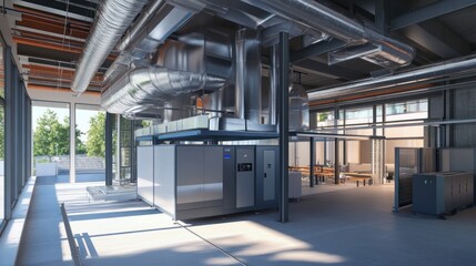 High-efficiency HVAC system installation, with modular components and eco-friendly design for commercial buildings.