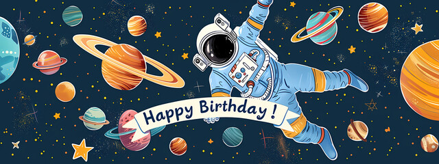 A vibrant birthday greeting featuring an astronaut in space surrounded by colorful planets and stars, conveying a cheerful and adventurous tone.
