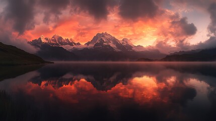 A Majestic Mountain Range Reflected in a Still Lake at Sunset